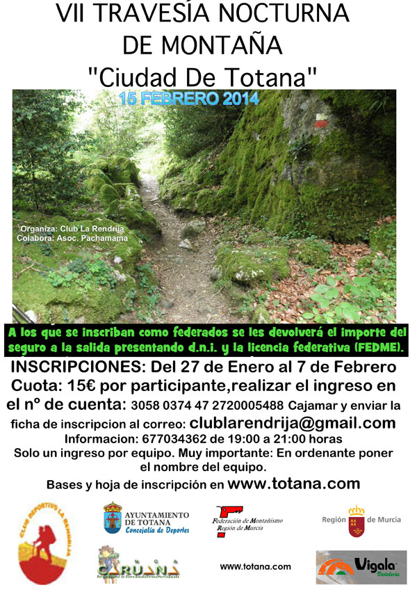 La VII Travesía nocturna de Montaña 'Ciudad de Totana' tendrá lugar el próximo 15 de febrero
