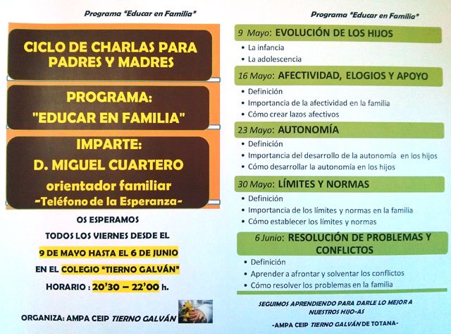 El AMPA del CEIP Tierno Galván organiza un ciclo de charlas “Educar en familia”