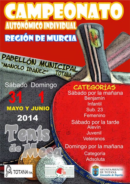 Este próximo fin de semana se va disputar en Totana el Campeonato Autonómico Individual de Tenis de mesa
