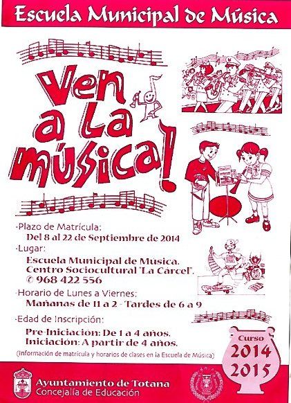 Hoy finaliza el plazo de matriculación en las diferentes especialidades de la Escuela de Música de Totana para el curso 2014/15