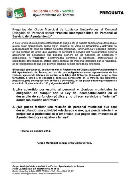 Preguntas del Grupo Municipal de Izquierda Unida-Verdes al Concejal Delegado de Personal sobre: “Posible incompatibilidad de Personal al Servicio del Ayuntamiento”