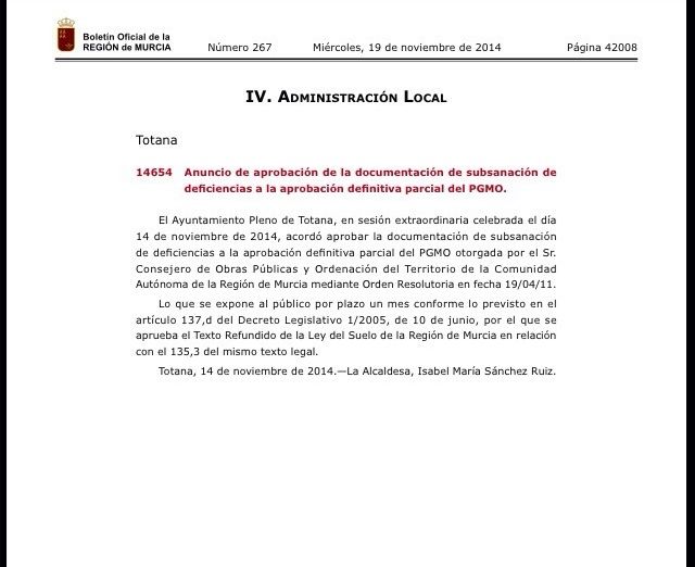 El BORM publica el anuncio de la aprobación de la documentación de subsanación de deficiencias a la aprobación definitiva del PGMO