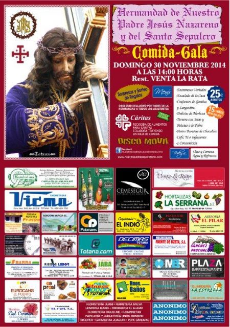 La Hdad. de Nuestro Padre Jesús Nazareno y Santo Sepulcro de Totana celebra su comida anual el próximo 30 de noviembre