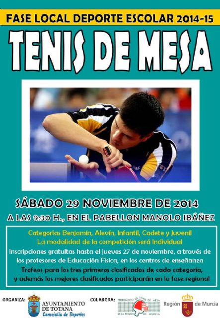 La Concejalía de Deportes organiza el próximo sábado 29 de noviembre la Fase Local de Tenis de Mesa de Deporte Escolar