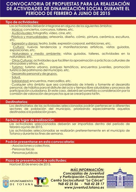 Se abre el abre el plazo de presentación de propuestas para la realización de actividades de dinamización social durante los meses de febrero a junio de 2015