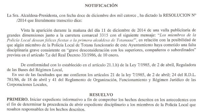 Notificación de 12 de diciembre de 2014