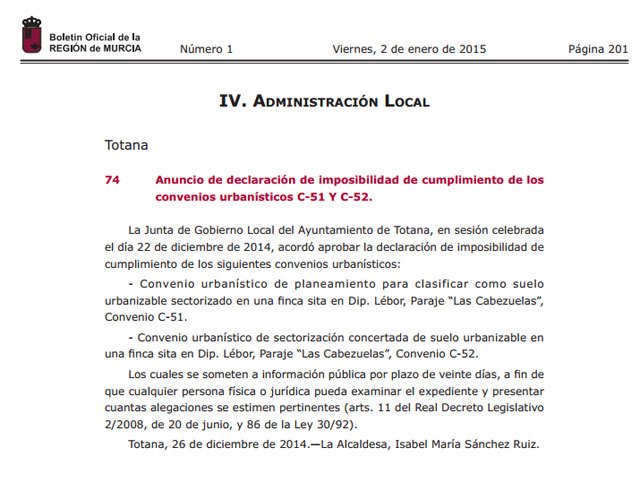 El BORM publica el anuncio de declaración de imposibilidad de cumplimiento de los convenios urbanísticos C-51 Y C-52