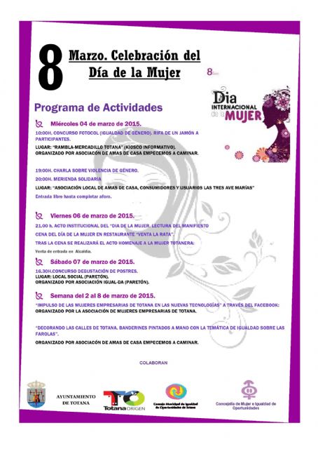 El 'Día de la Mujer Trabajadora' congrega charlas, actividades de fomento de la igualdad y el acto institucional de homenaje a las mujeres totaneras