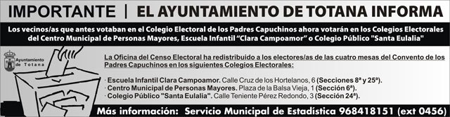 El Ayuntamiento informará a los electores del antiguo Colegio de los Padres Capuchinos la asignación del nuevo colegio para ejercer su derecho a voto en las elecciones del 24 de mayo