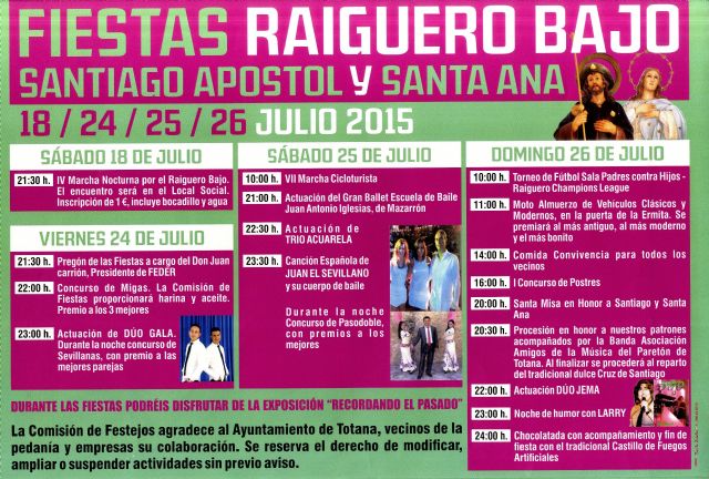 Las fiestas de El Raiguero Bajo, en honor a Santiago Apóstol y Santa Ana, se celebran este próximo fin de semana