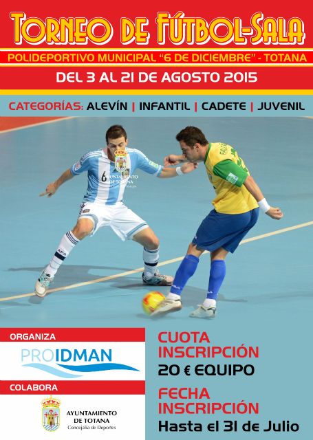 El Polideportivo Municipal '6 de diciembre' acogerá del 3 al 21 de agosto un Torneo de Fútbol Sala, en categorías alevín, infantil, cadete y juvenil