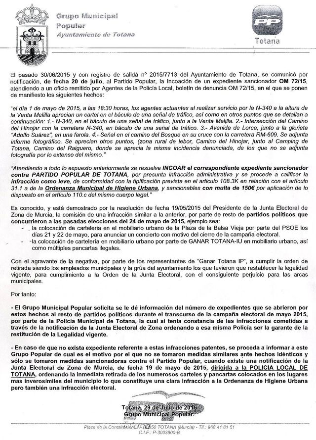 El alcalde de Totana hace pública la respuesta a las 'chapas... intemporales de la señora Baeza'