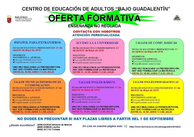 Ya se conoce la oferta formativa del Centro de Educación de Adultos 'Bajo Guadalentín' para el curso 2015/2016