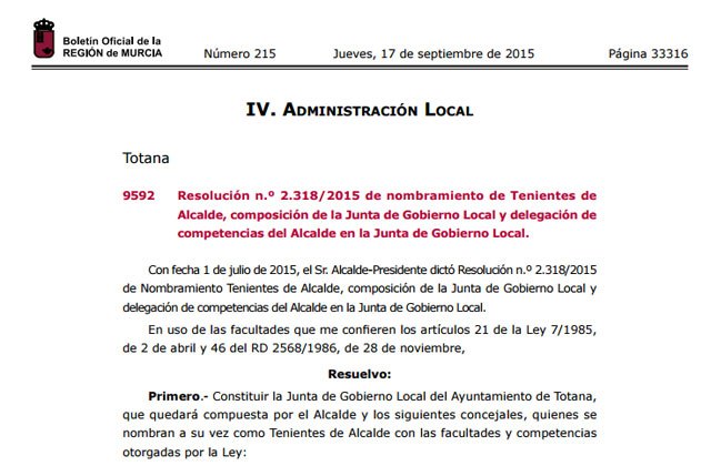 El BORM publica la resolución de nombramiento de Tenientes de Alcalde, composición de la Junta de Gobierno Local y delegación de competencias del Alcalde en la Junta de Gobierno Local