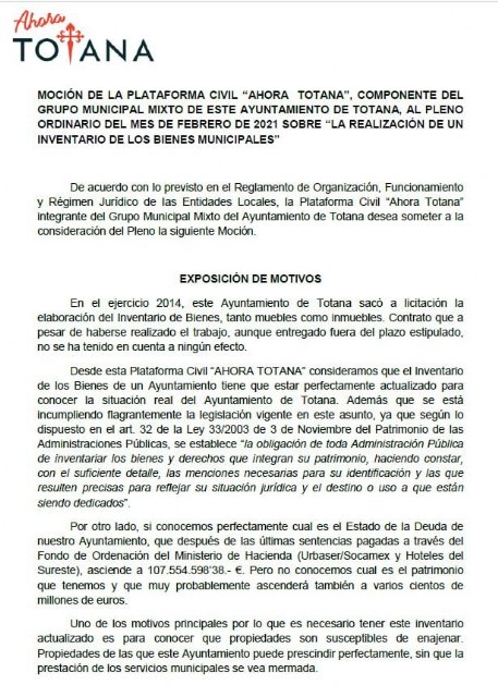 El Pleno aprueba la moción de Ahora Totana sobre la realización con urgencia de un Inventario de Bienes Muebles e Inmuebles y Derechos del Ayuntamiento de Totana