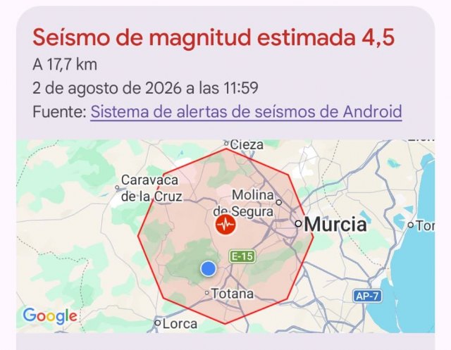 Un seísmo de magnitud 3,9 se deja sentir en Totana y activa las alertas de terremoto en los móviles