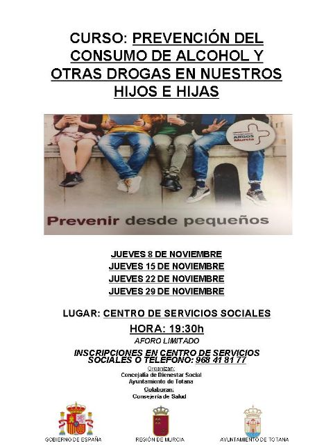 Oferta el Curso 'Prevención del consumo de alcohol y otras drogas en nuestros hijos e hijas', que se impartirá durante todos los jueves de noviembre