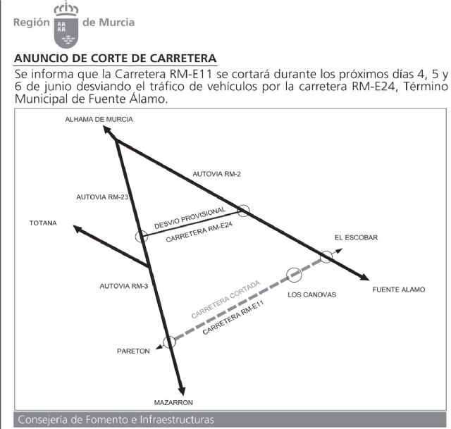 La carretera RM-E11, que comunica El Paretón y varias pedanías de Fuente Álamo, permanecerá cortada del 4 al 6 de junio