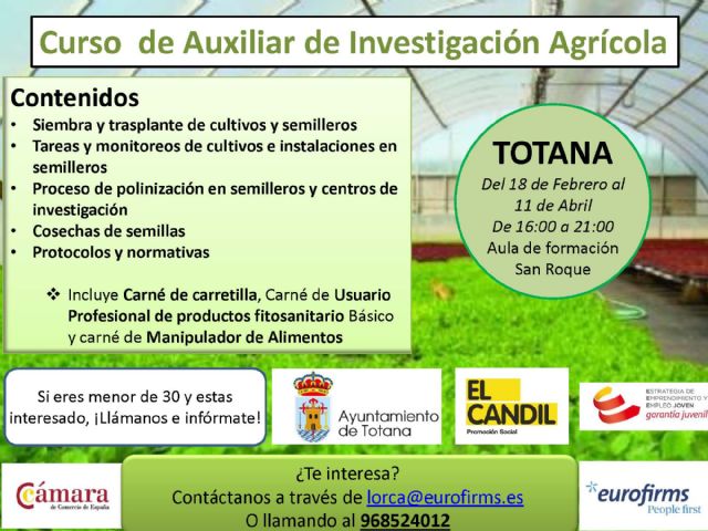El Ayuntamiento y el Colectivo para la Promoción Social 'El Candil' organizan un Curso de Auxiliar de Investigación Agrícola