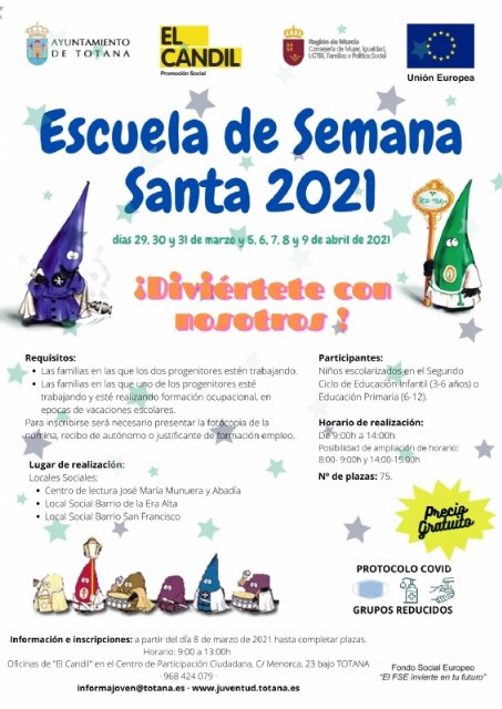 Se abre el plazo de presentación de solicitudes a partir del próximo lunes para la Escuela de Vacaciones de la Semana Santa