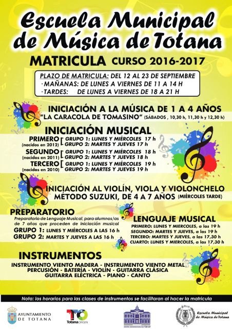 El plazo de matrícula de la Escuela Municipal de Música para el curso 2016/2017 es del 12 al 23 de septiembre, ambos inclusive