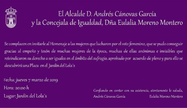 La Concejalía de Mujer e Igualdad homenajea mañana a las personas que lucharon por la consecución del voto femenino