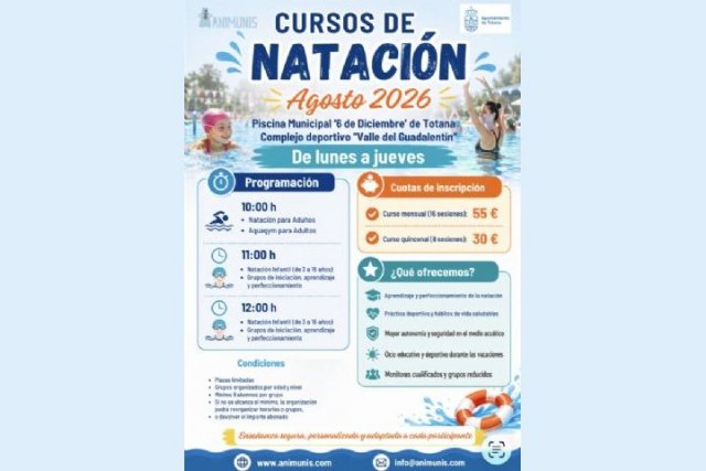 Deportes y Animunis organizan Cursos de Natación durante agosto en las piscinas municipales