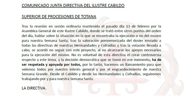 Comunicado de la Junta Directiva del Ilustre Cabildo Superior de Procesiones de Totana sobre el museo de la Semana Santa
