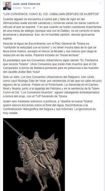 El alcalde sale al paso de las últimas informaciones sobre la desaladora de Escombreras y el PGOM de Totana