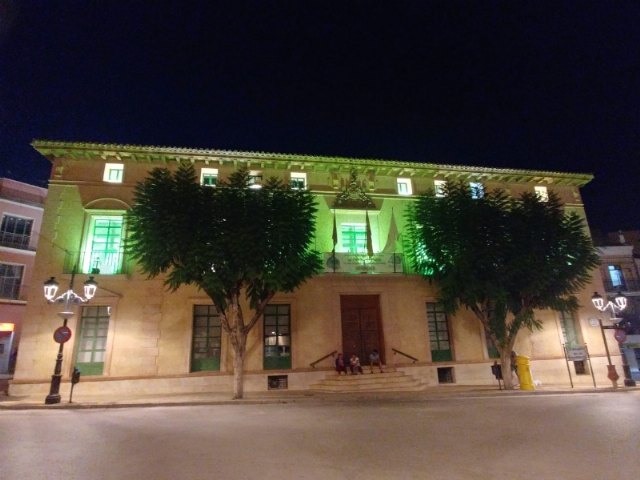 La fachada del edificio principal del Ayuntamiento se ha iluminado de color durante este fin de semana con motivo del Día Nacional de la Artritis