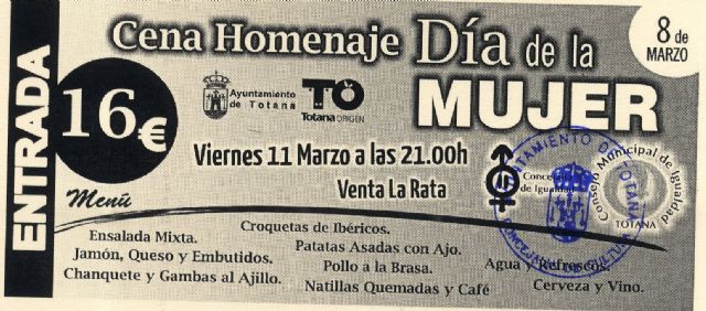 La cena conmemorativa del Día de la Mujer de Totana será este viernes en el restaurante 'Venta La Rata'