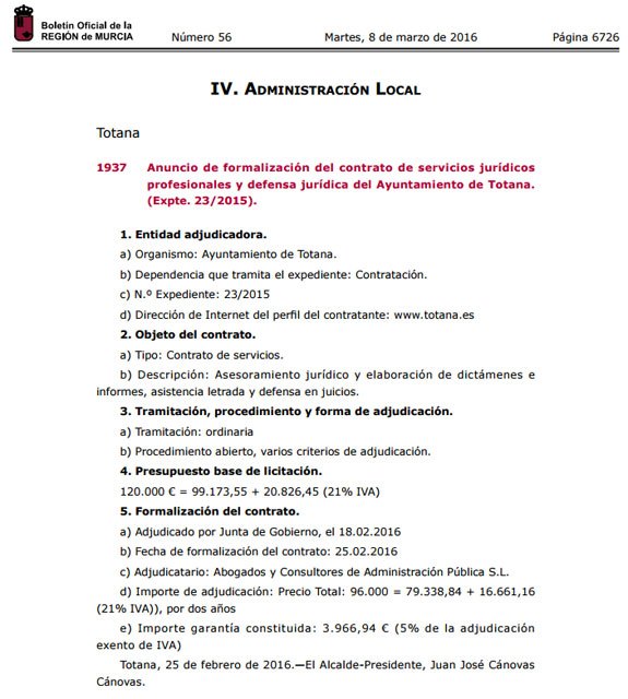 El BORM publica hoy el anuncio de formalización del contrato de servicios jurídicos profesionales y defensa jurídica del Ayuntamiento de Totana