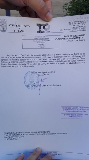 Se entrega en la Consejería el Plan aprobado en el pleno del 28 de julio con la subsanación de deficiencias realizada