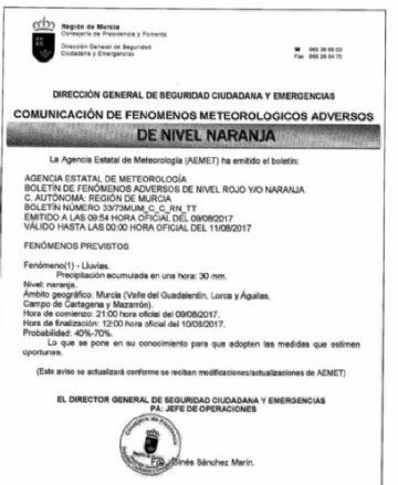 La Región de Murcia se encuentra en alerta naranja por inundaciones a partir de esta tarde y hasta mañana