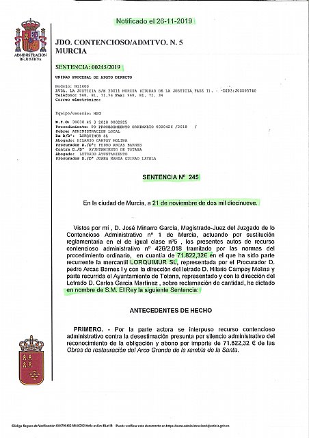 Llegan nuevas sentencias judiciales que condena a pagar miles de euros al pueblo de Totana, según explica el alcalde