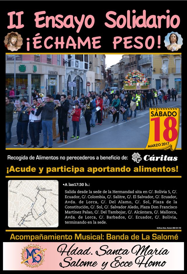 El II ensayo solidario 'Échame peso', organizado por la Hermandad de Santa María Salomé, tendrá lugar mañana sábado 18 de marzo