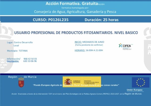 Totana acogerá en junio un curso gratuito de usuario profesional de productos fitosanitarios, nivel básico