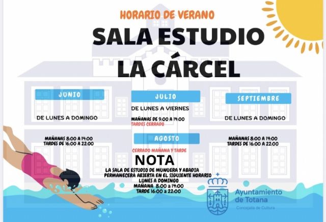 La Sala de Estudio de “La Cárcel” se cierra por las tardes a partir de julio, quedando todo el verano abierta, mañana y tarde, la Sala de Lectura “Munuera y Abadía”