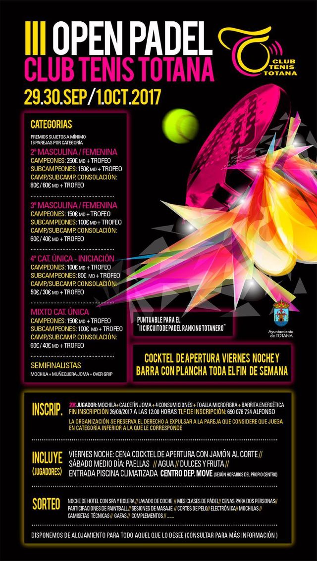 El III Open de Padel club de tenis Totana tendrá lugar el fin de semana del 29 de septiembre al 1 de octubre