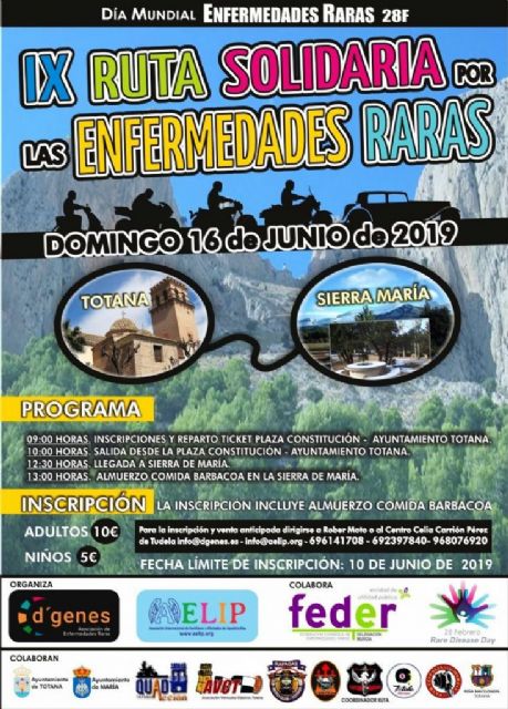 La IX Ruta Solidaria por las Enfermedades Raras, entre los municipios de Totana y María, se celebrará el próximo 16 de junio