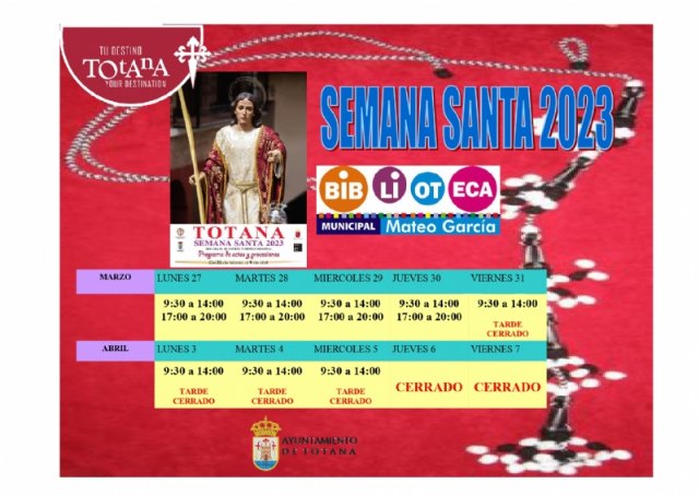 Nuevo horario de la Biblioteca Municipal y la Sala de Estudio con motivo de las fiestas de Semana Santa