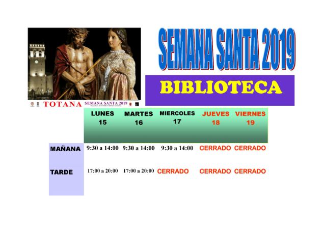Se modifica temporalmente los horarios de apertura de la Biblioteca Municipal y la Sala de Estudio por las fiestas de Semana Santa