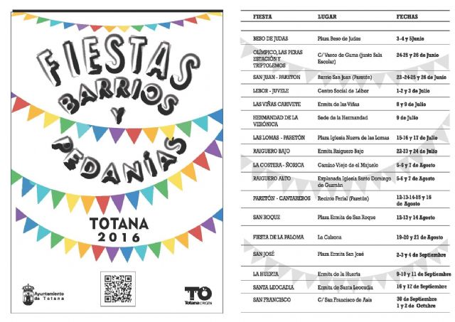 Continúa el calendario de festejos en barrios y pedanías de Totana programado para este verano 2016