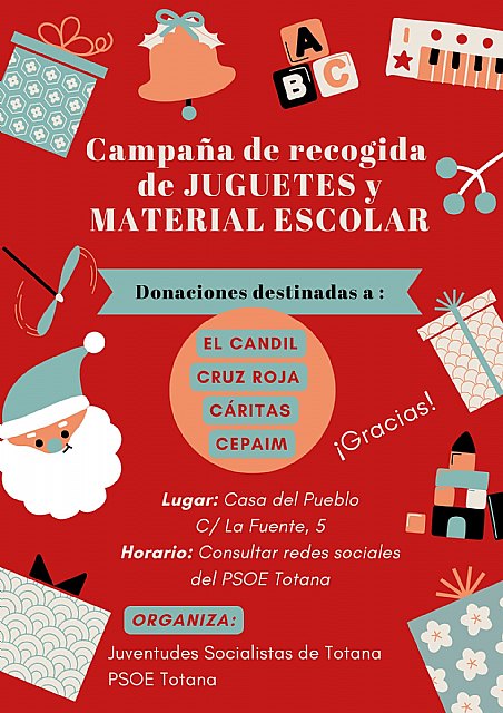 Juventudes Socialistas y PSOE Totana ponen en marcha una nueva campaña de recogida de juguetes y material escolar