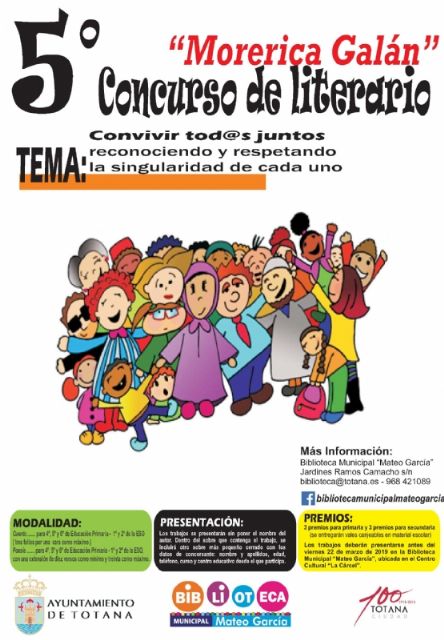 Se mantiene abierta la convocatoria del V Concurso Literario 'Morerica Galán' dirigido a escolares de Educación Primaria y de la ESO en las modalidades de cuento y poesía, respectivamente