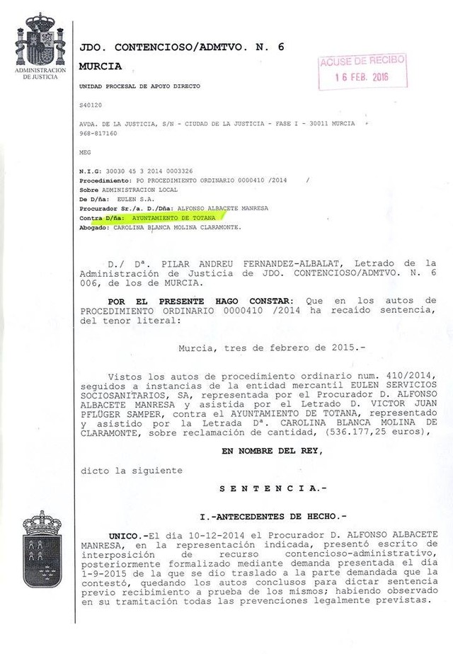 El alcalde hace pública otra sentencia por la que se condena al ayuntamiento a abonar más de medio millón de euros más intereses a un proveedor