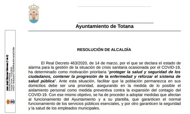 La Alcaldía dicta varias resoluciones declarando los servicios mínimos esenciales para gestionar la situación de crisis sanitaria y contener la progresión de la epidemia