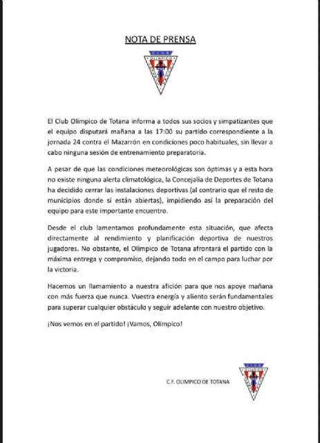 La Concejalía de Deportes deja al Olímpico de Totana sin entrenar antes de un partido clave