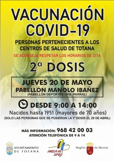 Este jueves 20 de mayo tendrá lugar otra jornada de vacunación masiva para mayores de 70 años y la franja de edad comprendida entre los 50 a 59 años