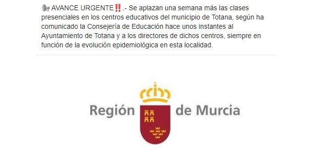 Se aplazan una semana más las clases presenciales en los centros educativos del municipio de Totana
